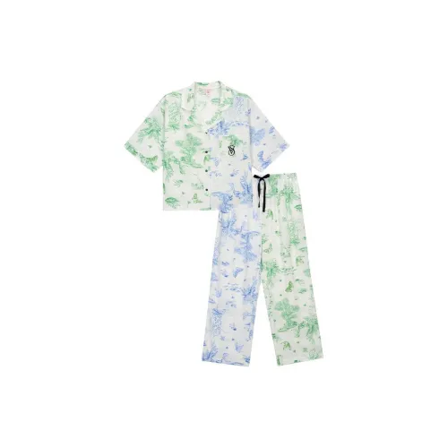 Victoria's Secret Pajama Комплект Женский Синий Зеленый Многоцветный С принтом