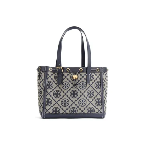 TORY BURCH T Monogram Ткани вязаные Жаккард С кожаными вставками Ведрообразный Одно плечо Сумка Маленький Женские Морской синий