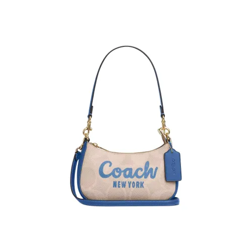 COACH Teri Холст и Кожаная Сумка через плечо Сумка на плечо Мини Женский Бежевый и Синий