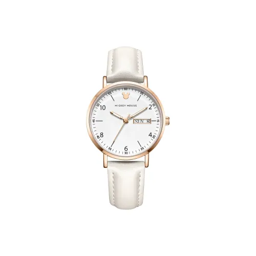 Disney Mickey Кварцевый механизм Кожаный ремешок Часы Женские часы Белый циферблат