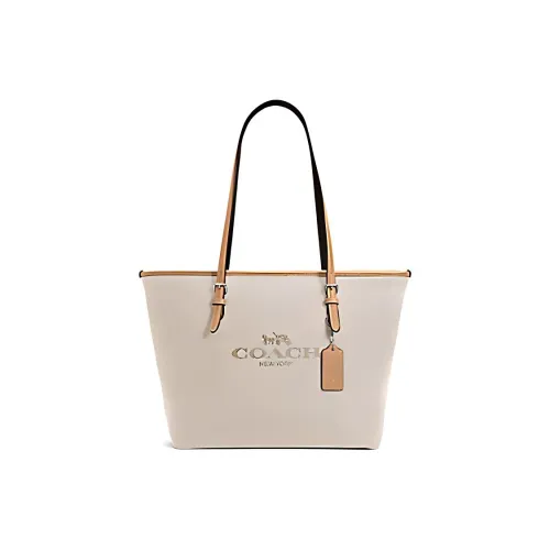 COACH Zip Top Tote Холст с гладкой кожей