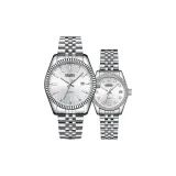 Серебряный корпус с белым циферблатом, серебряный стальной браслет (парные часы)