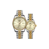 Двухцветный корпус, золотой циферблат, двухцветный золотой стальной браслет (парные часы)