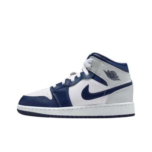 Jordan Air Jordan 1 MID Топ Детские Баскетбольные Кроссовки Белый Светлый Дымчатый Серый Синий Подростки