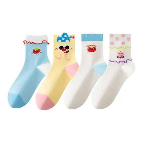 Caramella Ткань в рубчик Манжета Гороховый узор+Желтый+Белый+Синий Женские Носки MID до икры