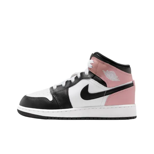 Jordan Air Jordan 1 Детские баскетбольные кроссовки MID Топ Белый Черный Ржаво-розовый Школьный возраст