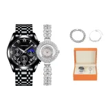 6602 Черный корпус, черный циферблат, стальной ремешок + 703 [Кубинский скелет цепь + браслет с глицинией]