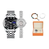 6602 Серебряный корпус с черным циферблатом, стальной браслет + 703 [18 бусин браслет из семян бодхи + браслет с глицинией]