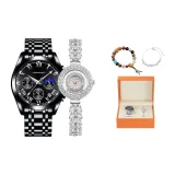 6602 Черный корпус, черный циферблат, стальной ремешок + 703 [18 бусин браслет из семян бодхи + браслет с глицинией]