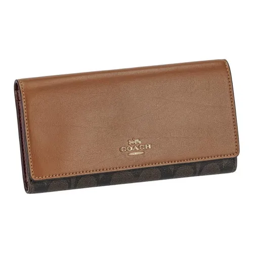 COACH Тройной складной кошелек Холст с кожей Монетница Длинный кошелек Маленький Женские Секвойя
