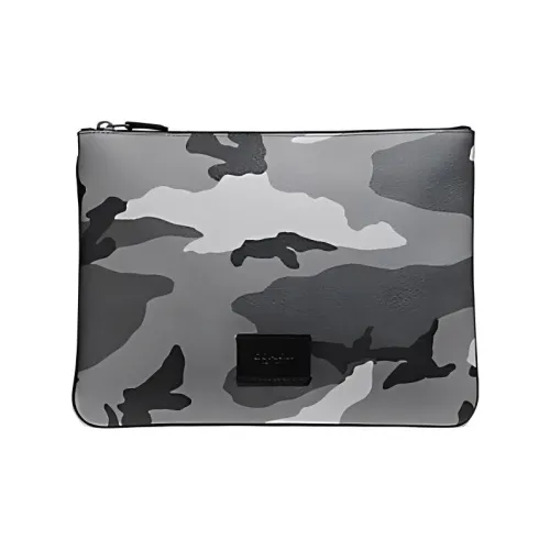 COACH Pouch Покрытый холст с телячьей кожей клатч большой мужской серый белый