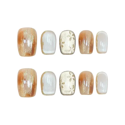 COLLEEN Elegance Brightening Позолоченный Фальшивый Ногтик Короткий Квадратный Коричневый Смужка Китайский стиль Кошачий глаз 15 мм