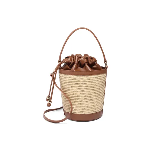 BELLE Плетеная соломенная сумка с искусственной кожей ведрообразной формы среднего размера женская коричневая