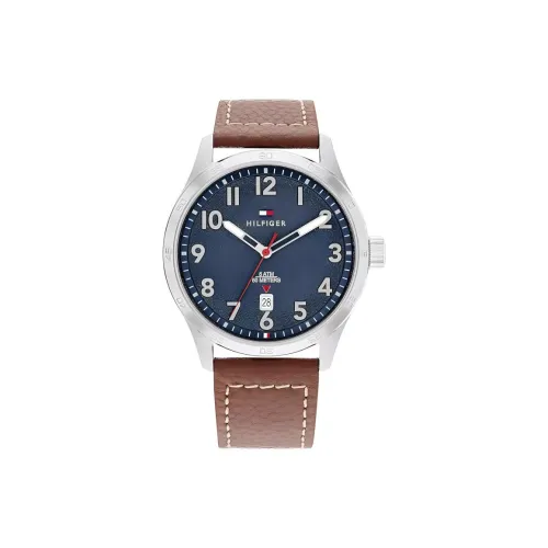 Tommy Hilfiger Мужские часы Кварцевый механизм Кожаный ремешок 43 мм Синий циферблат