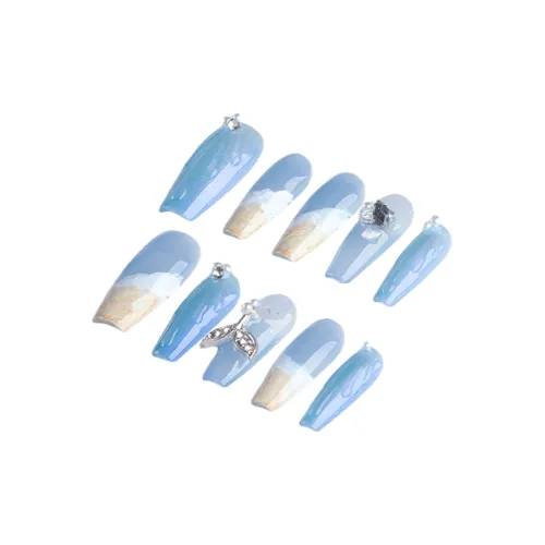 Fanze Пляж Крошечный Песочный Ручной Рисунок Бахрома Холодный Четкий Кристалл False Nail Длинный Синий Размытый 30MM