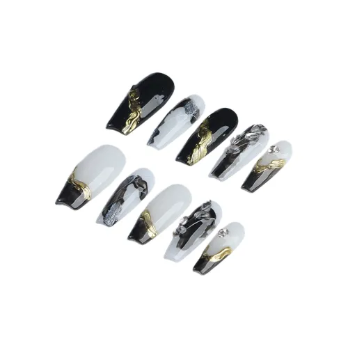 Fanze Гора Series Осень и зима Осветляющий Золотой Запечатанный 3D Тисненый False Nail MID Длина Черный белый Размытый 30MM