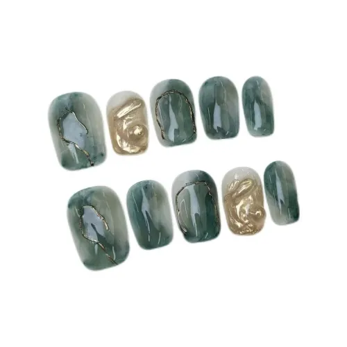 LIANJING Сине-зеленый False Nail Короткий Квадрат Белый Smudge 17mm