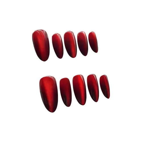 ROUXIGONGZHU Tipsy Galaxy False Nail Almond Burgundy Solid Color French Cat Eye 16mm