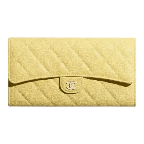 CHANEL Classic Flap CF С рельефом Тисненый Икорный Телячья кожа Металл Кошелек Женские Желтый