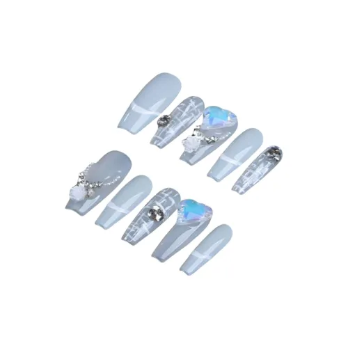 SHANGSHIQIN Ледяной Прозрачный Сердце Сверкающий Горный хрусталь Elegance Brightening False Nail Средний LADDER Синий Однотонный 25 мм