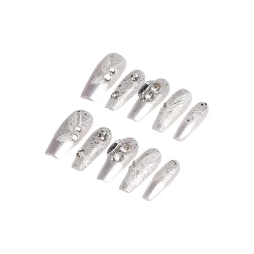 SHANGSHIQIN Soft Brightening Pearl Sparkling Butterfly Elegance False Nail Средний LADDER Silver Solid Color 25mm