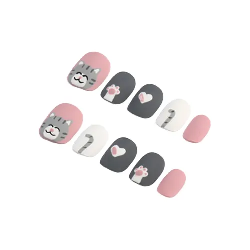Fanze False Nail Готовый товар Милый Little Кошка Лето Лак для ногтей 15mm Короткий Квадрат And Круглый Черно-розовый Смудж