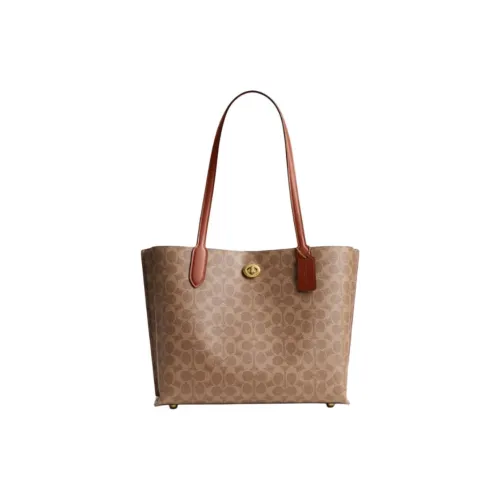 COACH Willow Покрытый холст Тоут Сумка Сумка для покупок Сумка на плечо Большая Женская Коричневая