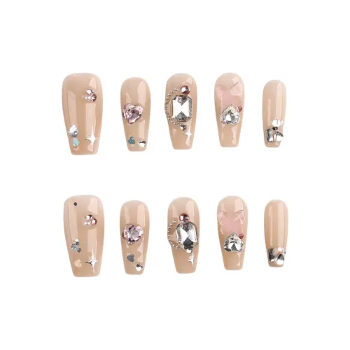 Fanze Handcrafted False Nail Длинный Телесный Смужка Стразы Украшенный 30MM