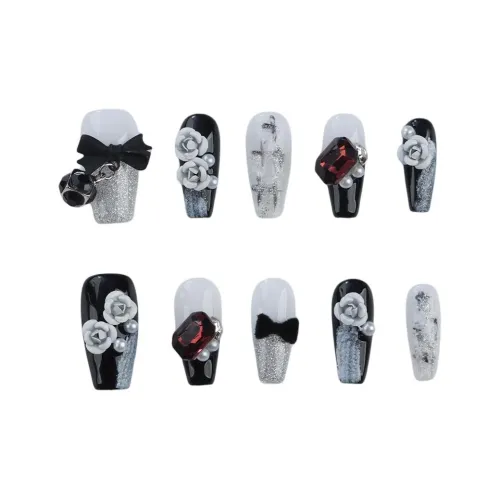 Fanze Готический Городской CHIC Стиль Бант Розовый Ручной Премиум Осветляющий False Nail Длинный Черный Смудж 30MM