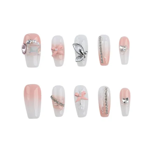 Fanze Румяна Bowknot Искра False Nail Длинный Трапеция Розово-белый Градиентный 30MM