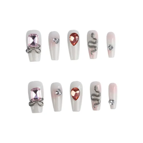 Fanze Металл Змея Квадрат Ромб Капля воды Ромб Handcrafted False Nail 30MM Длинный Белый Смудж