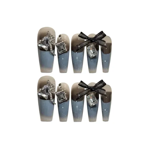 Fanze Французский бант сверкающий страз роскошь False Nail длинный синий Smudge 30MM