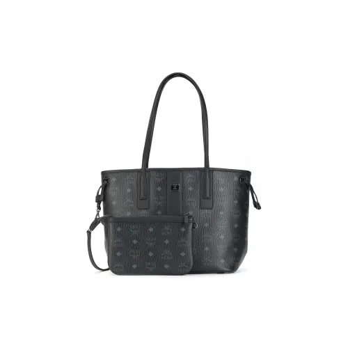 MCM Liz Visetos Покрытый холст с кожаными вставками Комбинированная сумка Тоут сумка Сумка для покупок Сумка Сумка через плечо Маленькая Женская Черная