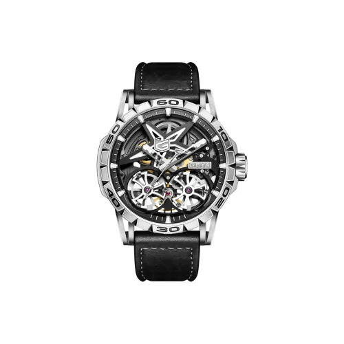 GEYA Max Collection Автоматический Механический Механизм Кожаный Ремешок Часы Мужские Серебристый Циферблат