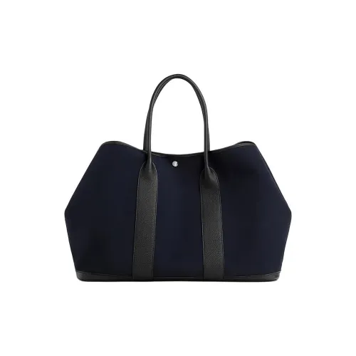 HERMES Garden Party Woolycot Холст с Negonda Телячья кожа Садовая сумка Женская Морской синий и Черный