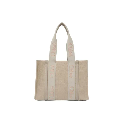 Chloe Woody Linen Canvas Calfskin Tote Bag Shopping Bag Women's Vintage Khaki