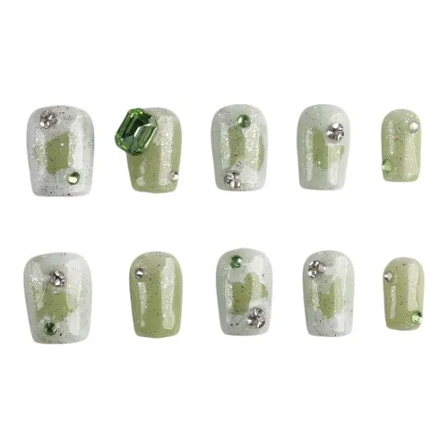 SHANGSHIQIN Свежий зеленый Кошачий глаз Осветляющий Мода Премиум False Nail 15 мм Короткий LADDER Зеленый Размытый