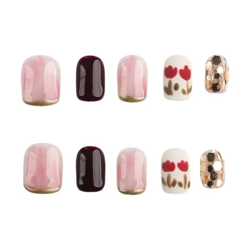 SHANGSHIQIN 2025 Осветляющий Кошачий глаз Модный False Nail Ручной работы Тюльпан Осветляющий 15mm Короткий ЛАДЬЯНКА Розовый Jump Цвет