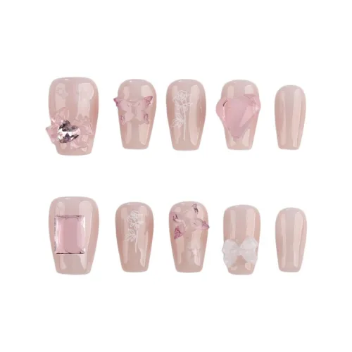 SHANGSHIQIN Мягкий 3D-эффект Бабочка Элегантность Сверкающий страз Осветляющий False Nail Короткий LADDER Розовый Однотонный