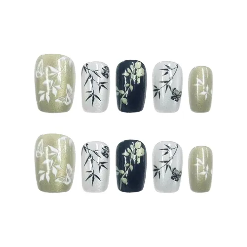 SHANGSHIQIN Зеленый Мягкий Элегантность Китайский стиль Бусина Осветляющий Короткий Ногтевой 20 мм Короткий ЛАДЬЕР Зеленый Однотонный