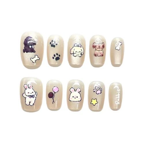 SHANGSHIQIN Cute bunny Осветляющий Ручной рисунок Креативный Осветляющий Фальшивая ногтевая пластина 15 мм Короткий ЛАДЬЕР Бежевый Однотонный