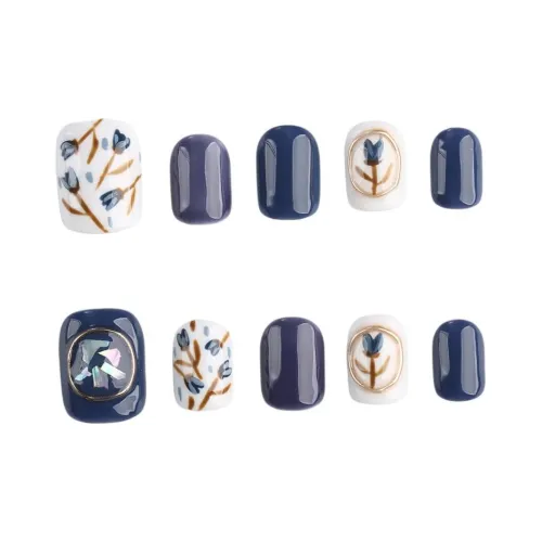 SHANGSHIQIN HAND DRAWN Синяя роза Осветляющий False Nail Премиум Туманно-голубой 15 мм Короткий LADDER Синий Jump Цвет