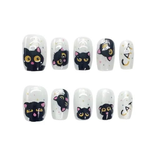 SHANGSHIQIN Милый 3D-эффект Черный кот Осветляющий False Nail 15mm Короткий LADDER Черный белый Однотонный