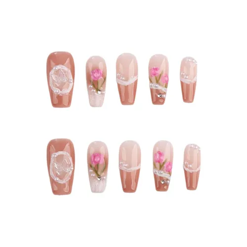 SHANGSHIQIN Мягкий Ручной Рисунок Тюльпан Французский Сладкий стиль Осветляющий False Nail 25 мм Средний ЛАДЬЕР Розовый Градиент