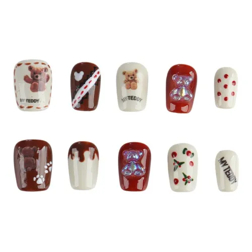 SHANGSHIQIN Мультяшный Осветляющий Медвежонок Мягкий Укороченный Handcrafted False Nail 15 мм Короткий LADDER Красный Jump Цвет