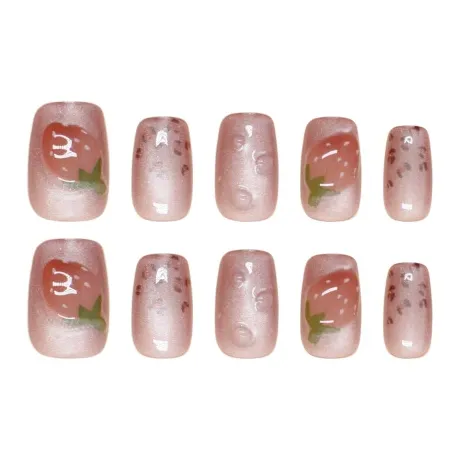 Suiyiie 3D-эффект Клубничный Съемный Ногтей Стикер Короткий Квадратный Короткий ЛЕГККИЙ Укороченный Розовый Размытый