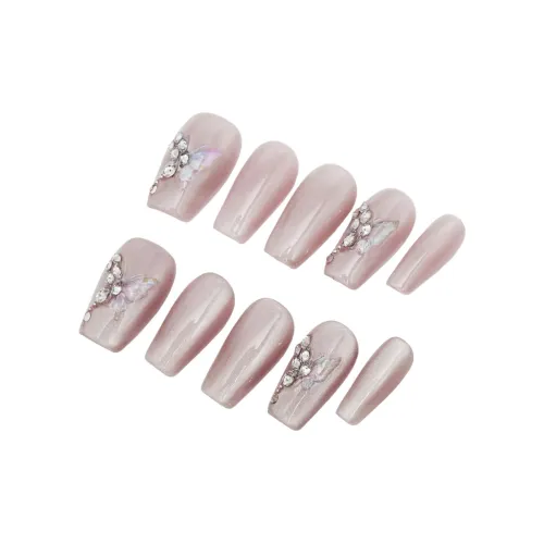 LEMONAIL Ручной работы Элегантность Роскошь False Nail Средний Трапециев Прямоугольный Циркон Розовый Смудж Кошачий глаз S M L XL