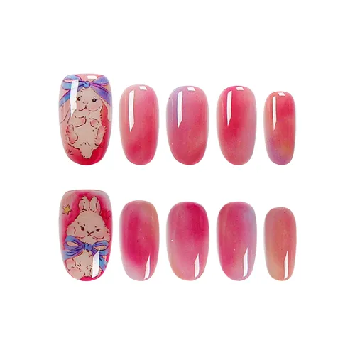 SHANGSHIQIN Мягкий Розовый Cartoon Rabbit Осветляющий Ручная Работа Nail Art 20 мм Овал Розовый Градиент