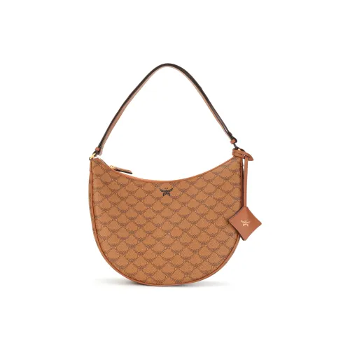 MCM Himmel Покрытый холст с кожаными вставками Сумка-полумесяц Бродяга Один Сумка на плечо Средний Женские Коньяк