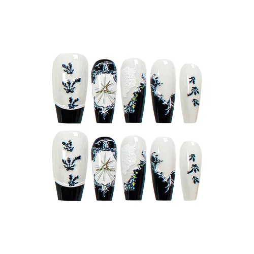SHANGSHIQIN Shallow Dream French Black White Элегантность Premium False Nail 25mm Средний LADDER Black White Однотонный